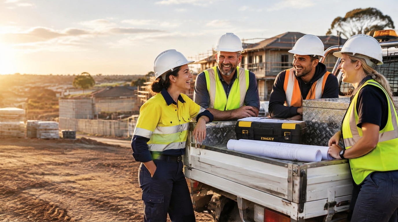 A tradesperson on an Australian construction site at sunset